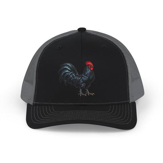 Black Rooster Gallo Negro Illustration Snapback Cap | Farm Animal Trucker Hat