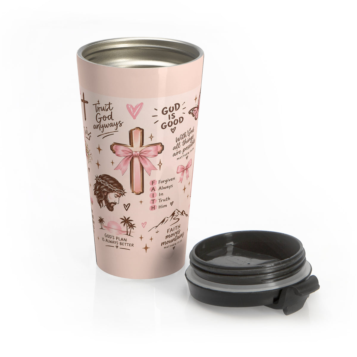 Christian Faith Travel Mug — Pink Cross & Inspirational Scripture Design