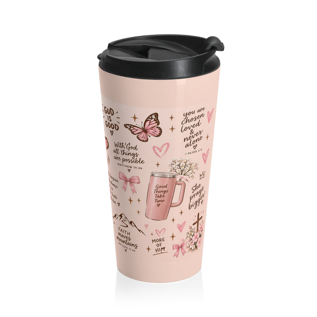 Christian Faith Travel Mug — Pink Cross & Inspirational Scripture Design