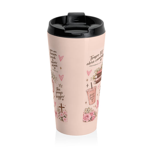 Christian Faith Travel Mug — Pink Cross & Inspirational Scripture Design