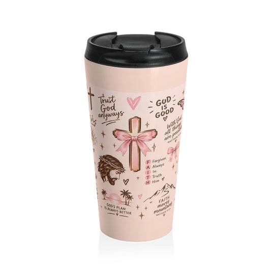 Christian Faith Travel Mug — Pink Cross & Inspirational Scripture Design