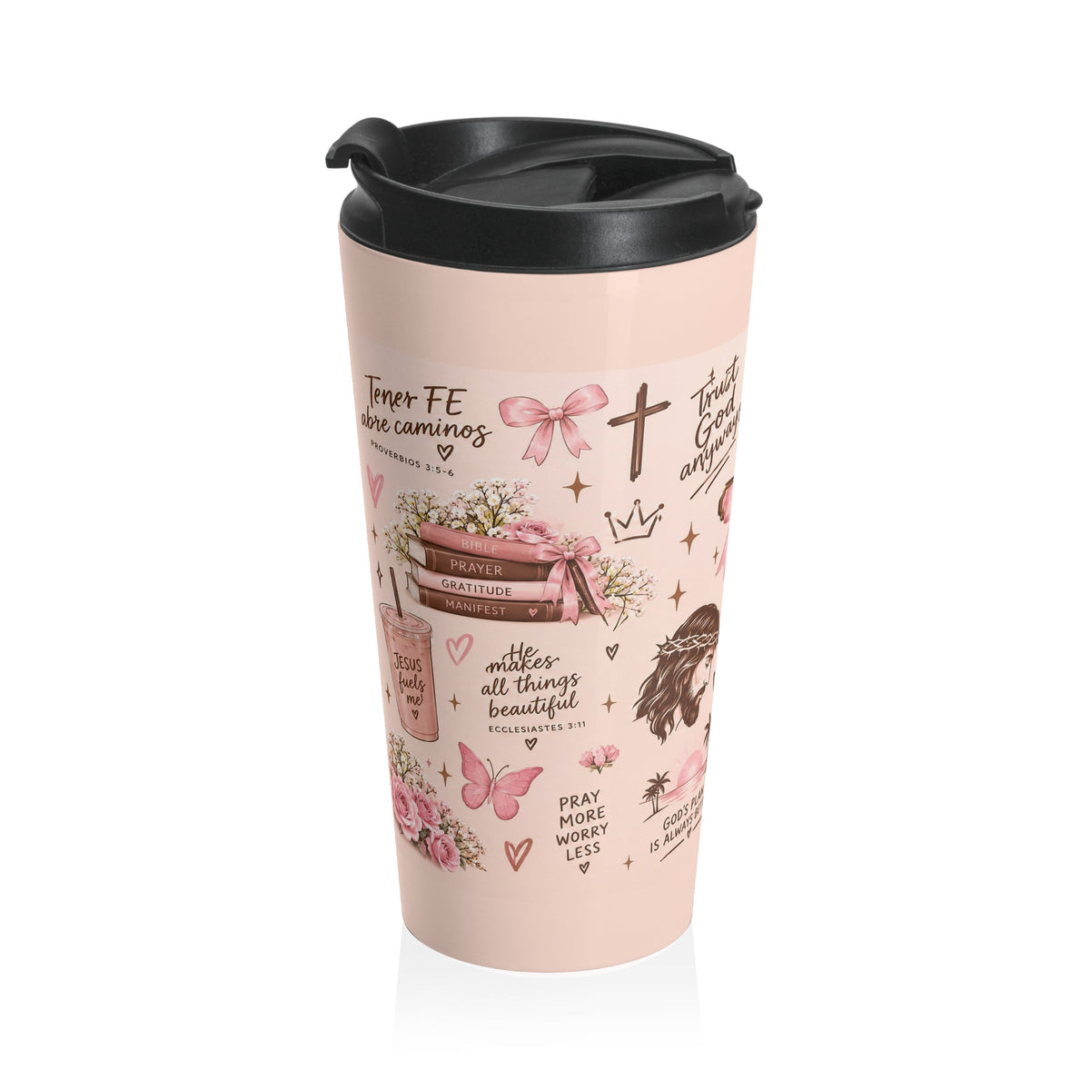 Christian Faith Travel Mug — Pink Cross & Inspirational Scripture Design