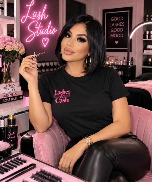 Lashes & Cash Tee — Pink Glam Graphic T‑Shirt for Makeup Lovers