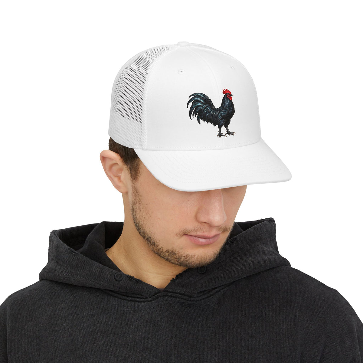 Black Rooster Gallo Negro Illustration Snapback Cap | Farm Animal Trucker Hat